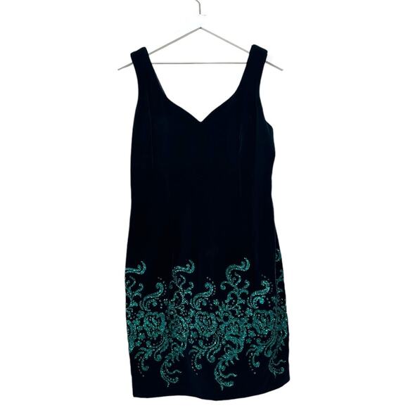 Vintage Zum Zum Velvet Mini Dress Size 9 Green Glitter Baroque Detail - Picture 5 of 12